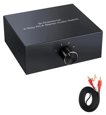 Immagine prodotto di Selettore audio stereo a 4 canali, bidirezionale, con configurazione 1 ingresso e 4 uscite oppure 4 ingressi e 1 uscita, adatto per altoparlanti stereo, lettori DVD e lettori CD