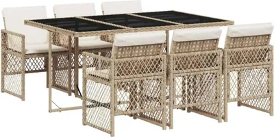 Produktbild von vidaXL 7-TLG. Garten Essgruppe Beige Poly Rattan mit Kissen