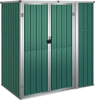 A green metal garden shed with silver trim and double doors.