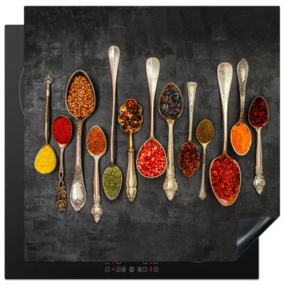 Produktbild von KitchenYeah© Herdabdeckplatte Löffel - Beton - Kräuter - Gewürze , 78x78cm, Küche Deko, Glaskeramikkochfeld Herdabdeckung, Abdeckplatte fùr Kochfeld