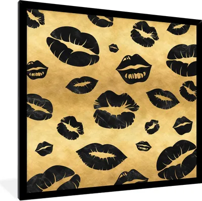 Produktbild von MuchoWow® Gerahmtes Poster Muster - Kuss - Gold - Schwarz 40x40 cm - Poster mit Schwarzem Bilderrahmen Wandposter Rahmen Foto Bilder - Mit Rahmen - Wanddekoration Schlafzimmer