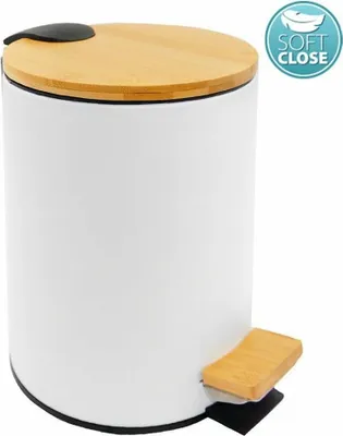 A white pedal bin with a bamboo lid and pedal.