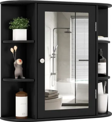 A black bathroom cabinet with a mirrored door, displaying various items on its shelves and inside.