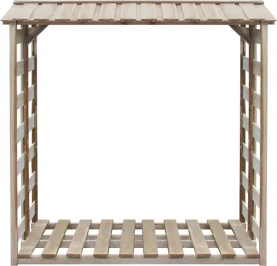 A wooden firewood storage shed with a slatted roof and sides, presented on a white background.