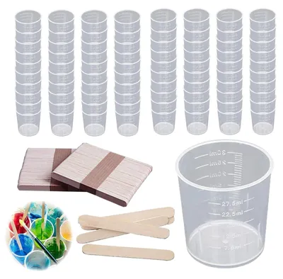 80x 30 ml Messbecher + 100 Rührstäbchen, transparent, Kunststoff