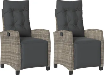 Two outdoor chairs with dark gray cushions are shown against a white background.