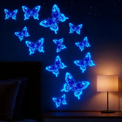 Produktbild von Wandtattoos schmetterling 12 stück, leuchtend im dunkeln, kristallmuster, für schlafzimmer