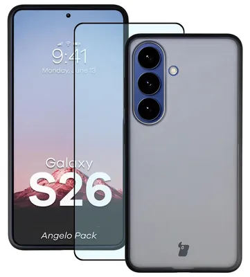 Produktbild von Schutzhülle + gehärtetem Glas Bizon Angelo Pack für Galaxy S26, Getönte mit schwarzem Rahmen
