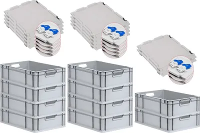 Produktbild von SuperSparSet 10x Eurobox NextGen Grip mit Scharnierdeckel und blauen Schiebeschnappverschlüssen | HxBxT 17x40x60cm | 34 Liter | Grau | Griffe offen | Glatter Boden | Eurobehälter, Transportbox, Transportbehälter, Stapelbehälter