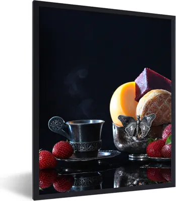 Produktbild von MuchoWow® Gerahmtes Poster Rustikal - Obst - Käse - Tisch - Stilleben 60x80 cm - Poster mit Schwarzem Bilderrahmen Wandposter Rahmen Foto Bilder - Premium - Wanddeko Wohnzimmer