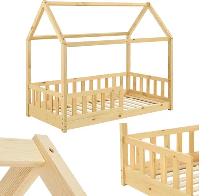Produktbild von Juskys Kinderbett Marli 80 x 160 cm - Rausfallschutz, Lattenrost & Dach - Holz Natur