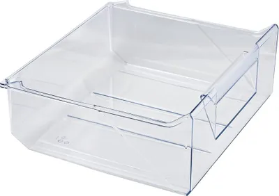 A clear, studio shot of a transparent plastic drawer.