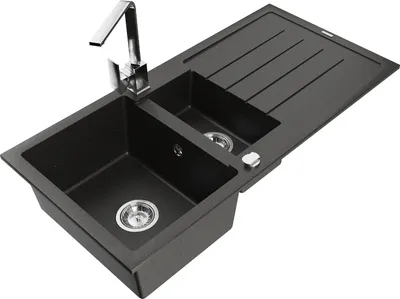 Produktbild von Mexen Andres 1,5-Becken-Granitspüle mit Abtropffläche und Mischbatterie Rita, Schwarz/Gold metallisch- 6515-75-670300-00