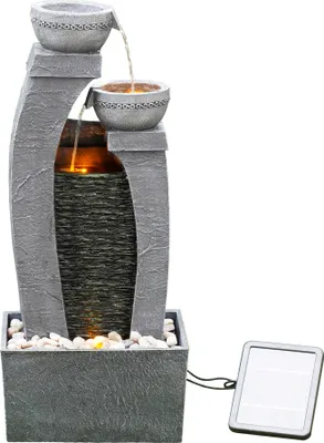 Produktbild von Teamson Home Garden & Outdoor Solarbetriebenes Wasserspiel mit Lichtern, kaskadierendem Springbrunnen, schiefergrauem Wasserfall-Dekor für den Innenbereich und Batterie-Backup