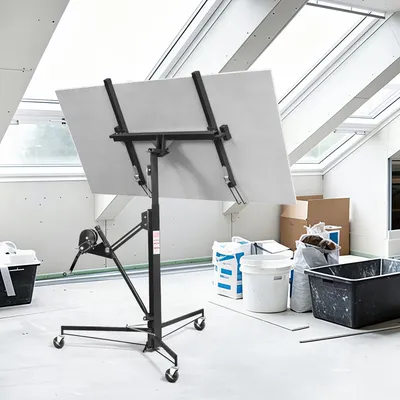 Immagine prodotto di Sollevatore a piattaforma per cartongesso, capacità 68 kg, altezza regolabile da 126 a 325 cm, rotazione a 360°, inclinazione di 60°, colore nero