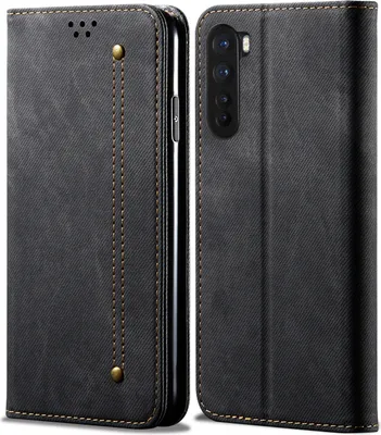 A black flip-style phone case for a OnePlus Nord phone, shown from the front and side.