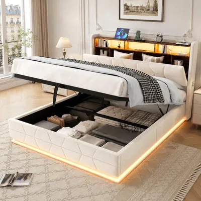 Image de Lit rembourré 140 x 200 cm, beige, avec éclairage LED et port USB Type-C ; sommier aspect velours avec espace de rangement dans la tête de lit et sommier à lattes à vérins à gaz, supportant jusqu'à 300 kg, silencieux