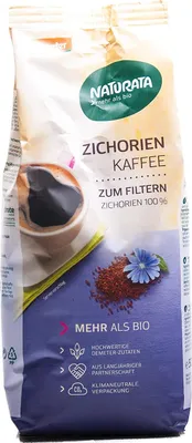A bag of Naturata Zichorienkaffee (chicory coffee) with an image of a cup of coffee and chicory seeds.