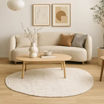 A living room scene with a sofa, coffee table, rug, and decorative items.