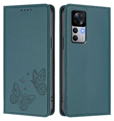 Obrázek produktu pro Kožené pouzdro pro Xiaomi 12T /Xiaomi 12T Pro, motýlí ražbou, peněženkové flip pouzdro se stojánkem Zelená