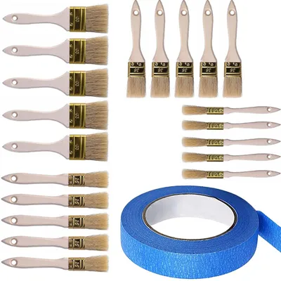 Obrázek produktu pro Rosfix Sada 20 Štětců s Přírodními Štětinami + Malířská Páska 40 mm x 50 m – Různé Šířky, Dřevěná Rukojeť, UV Odolná