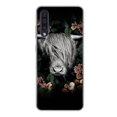 Produktbild von MuchoWow® Handyhülle Schutzhülle Hülle für Samsung Galaxy A50 Schottischer Highlander - Blumen - Rosa Silikon Softcase Handy Hülle - Mobiltelefonhülle