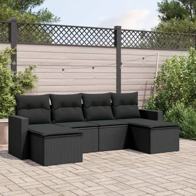 Produktbild von Design 6-tlg. Garten-Sofagarnitur mit Kissen Schwarz Poly Rattan, Gartenmöbel-Sets 2024 Neu