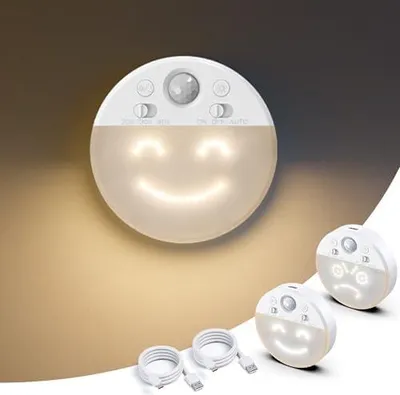 Produktbild von 2 Stück Nachtlicht mit Bewegungsmelder, Dimmbar Nachtlampe Akku Aufladbar mit 4 Emotionen, 3000K Warmweiß Kinder Nachtlichter für Kinderzimmer, Flur, Treppe, Toilette