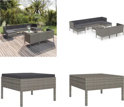 Produktbild von vidaXL 11 tlg. Garten Lounge Set mit Auflagen Poly Rattan Grau - Garten-Sofagarnitur - Garten-Sofagarnituren - Gartensofa-Set - Gartensofa-Sets