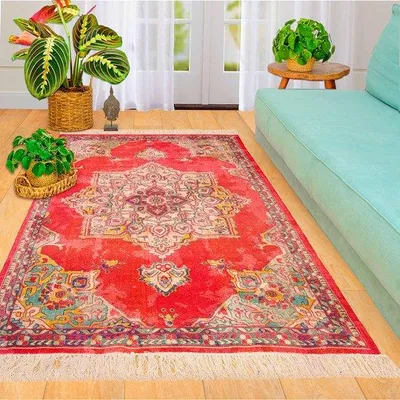Produktbild von Unyqoos® Marokkanischer Baumwoll-Teppich mit Fransen – Boho-Design für Wohnzimmer & Schlafzimmer, rot/rosa, weich, vintage, maschinenwaschbar