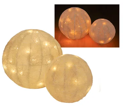 Two illuminated sisal spheres with LED lights, one larger than the other, are displayed against a white background. A smaller inset image shows two similar spheres on a warm, glowing surface.
