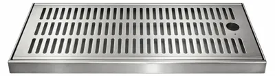 A stainless steel drip tray with a perforated surface.