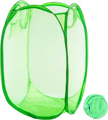 A green pop-up laundry basket is shown against a white background.