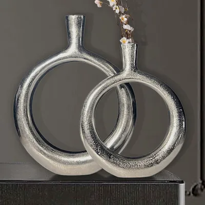 Zdjęcie produktu dla FineBuy – zestaw 2 wazonów dekoracyjnych, aluminium, srebrny, w kształcie pączka, nowoczesny wazon na kwiaty, okrągły, 2-częściowy, wazon stołowy z aluminium, dekoracja wnętrz, dekoracja stołu, wykonane ręcznie
