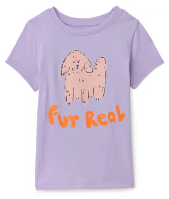 Productafbeelding van A. Essentials meisjes T-shirt met korte mouwen, paars, met een hond erop, maat 6-7 jaar