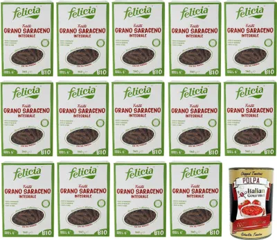 Produktbild von 14x Felicia Fusilli di Grano Saraceno Integrale,Pasta mit 100% -Buchweizen,Bio und Natürlich Glutenfrei,Packung mit 340g + Italian Gourmet Polpa di Pomodoro 400g Dose