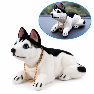Produktbild von A48D Wackelkopf Hund Husky Auto Deko Bobblehead mit Halskette Wackeldackel Armaturenbrett Dekoration fürs Auto Cockpit Fahrzeug Innenraum Auto Zubehör