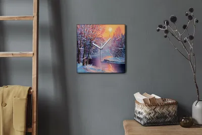 Produktbild von Coloray Hodiny Unikátní 30x30 cm  Tiché hodiny Pro obývací pokoj a kuchyň Nástěnné hodiny Plátno Bílé ručičky hodin - Zimní stromové řeky slunce