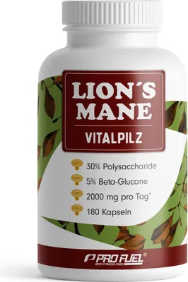 Produktbild von ProFuel Lion's Mane Vitalpilz | 180 Kapseln | 30% Polysaccharide | 5% Beta-Glucane | 2000 mg Extrakt pro Tag | vegan