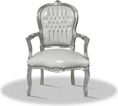 Produktbild von Barockstuhl Barock Stuhl Salon Salonstuhl Armlehne Weiß Silber Kunstleder Esszimmer Wohnzimmer Büro Flur Schminkstuhl Klassisch Premium Luxus Modern