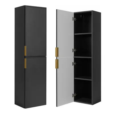 A dark gray tall cabinet with two doors, one open to reveal shelves, and gold handles. Another identical cabinet is shown closed next to it.