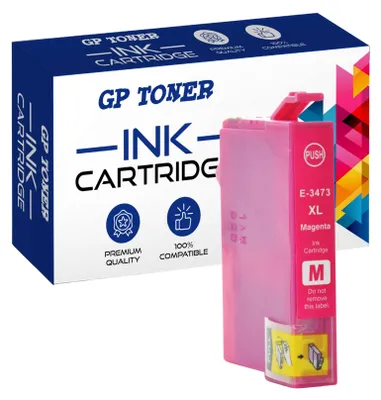 A pink ink cartridge and its blue and white packaging.