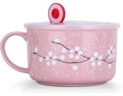 Immagine prodotto di Ciotola grande per cereali, 800 ml, con coperchio e manico, in Vetroceramica, adatta al microonde, color rosa