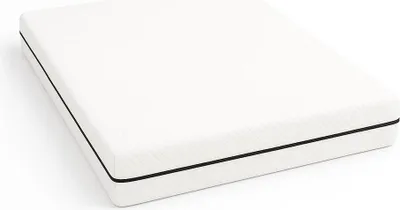 A white mattress with a black trim is shown on a white background.