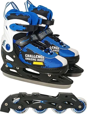 A pair of blue and white adjustable skates with black blades and a separate black rollerblade chassis with four wheels.