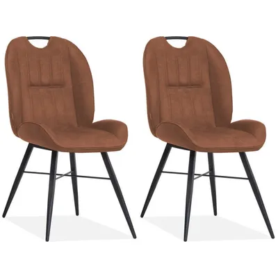 Two brown chairs with black legs are shown against a white background.