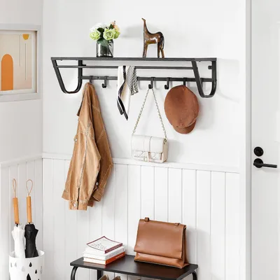 Zdjęcie produktu dla Wieszak na płaszcze 90 cm, metal i drewno, 8 haków, do przedpokoju, z półką na kapelusze