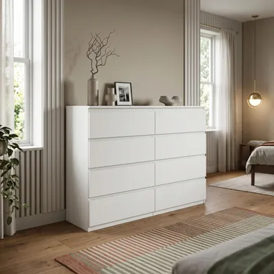 Produktbild von Masseno Kommode NUDO 138,5 cm Sideboard mit 8 Schubladen und  Türen für Wohnzimmer Schlafzimmer Modern 138,5x39x101,5 cm Weiß / Weiß