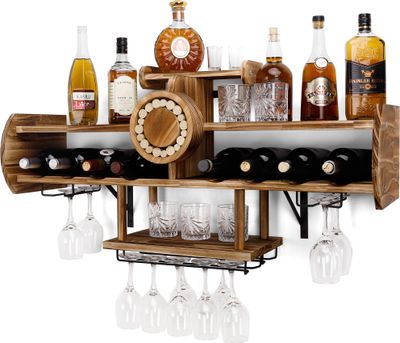Yorbay Wand Weinregal Palette Beflammt Holz mit 4 Ebenen, Weinregal Holz  Flaschenhalter Flaschenregal Wand Weinflaschenhalter, Wandbar für Weingläser,Whiskygläser,Flaschenhalter Hausbar,Vintage, Flugzeug, Geschenk