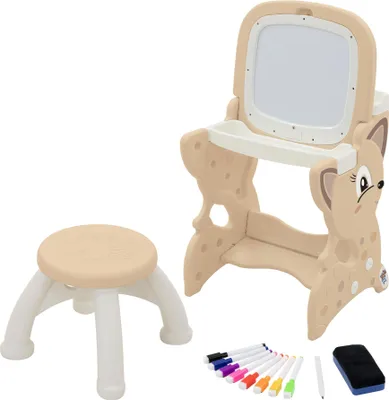 Produktbild von Joyz 3in1 Spieltisch mit 2 Tafeln Kinderhocker und Zubehör Braun Kindertafel mit Stuhl LCD-Tafel/Magnetische Whiteboard Kinder Staffelei mit Ablage